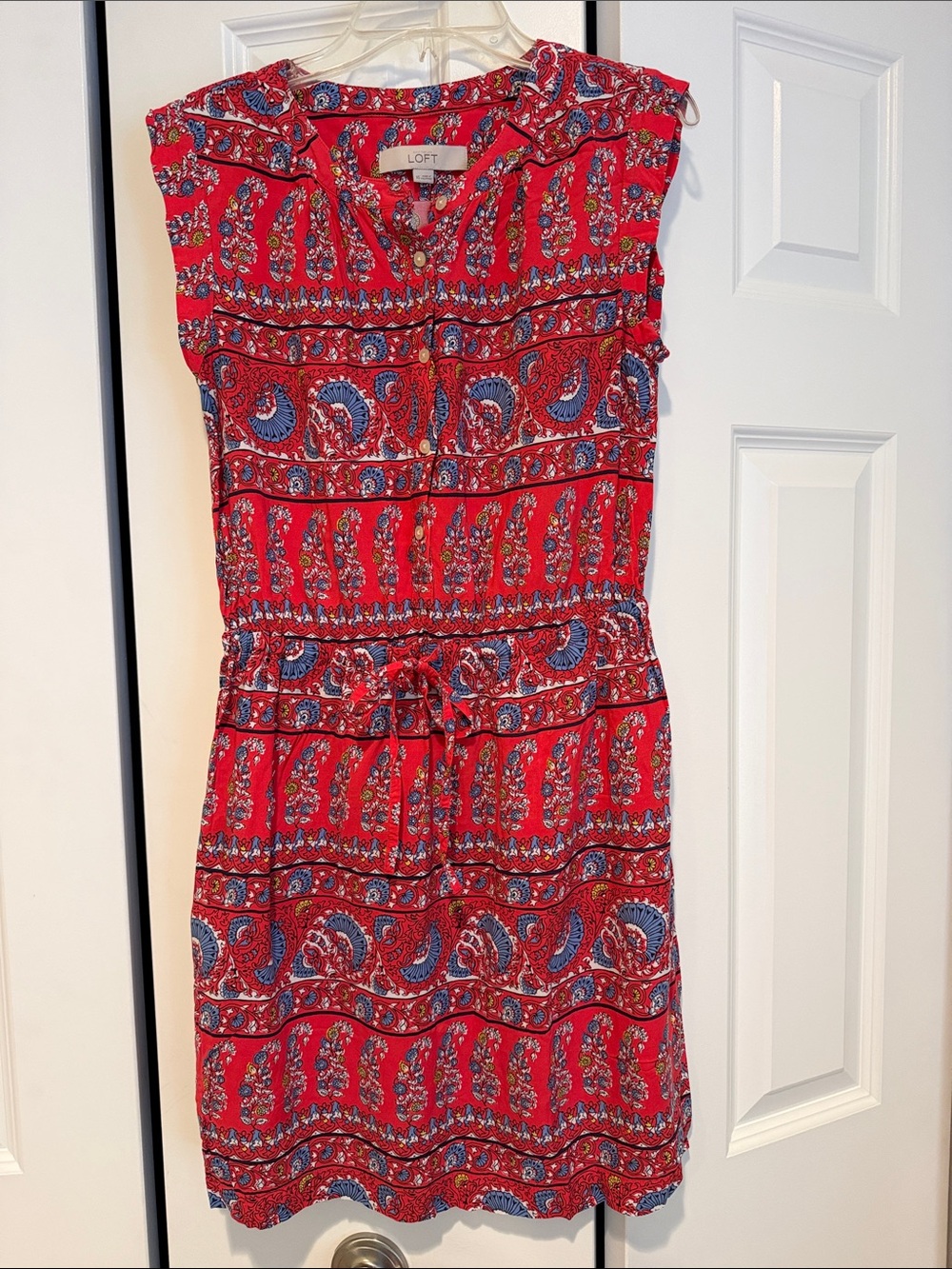 LOFT Red Paisley Sleeveless Drawstring Waist Dress